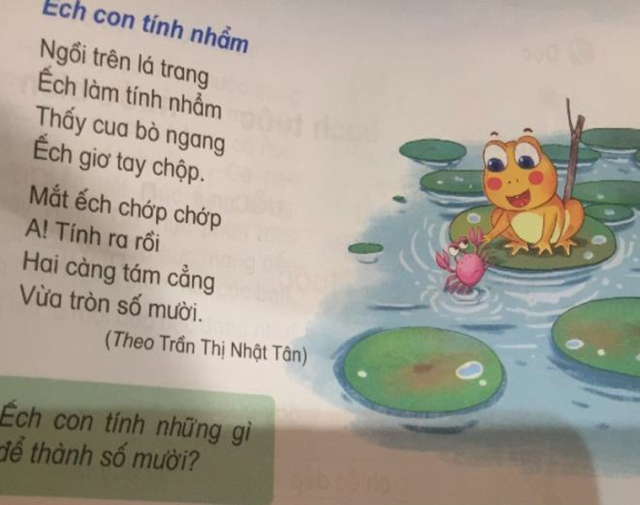 B&agrave;i &ldquo;Ếch con t&iacute;nh nhẩm&rdquo; sử dụng phương ngữ "l&aacute; trang" khiến học sinh kh&oacute; hiểu. Ngo&agrave;i ra, h&igrave;nh ảnh cua nổi tr&ecirc;n mặt nước cho ch&uacute; ếch chộp được cho l&agrave; phi l&yacute;.