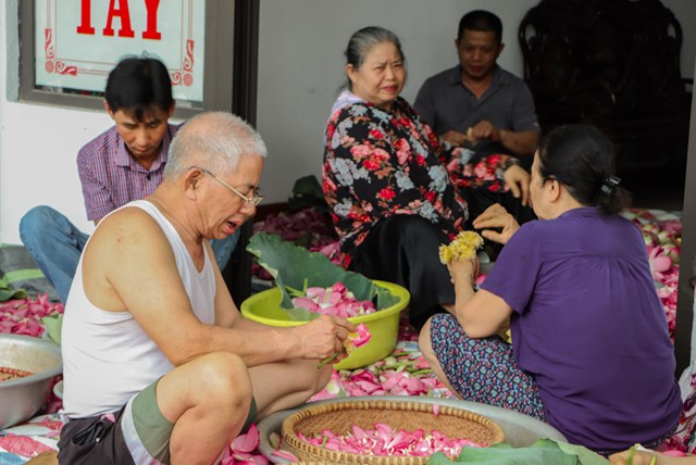 Nghệ nh&acirc;n Ng&ocirc; Văn Xi&ecirc;m t&aacute;ch gạo sen c&ugrave;ng cả nh&agrave;