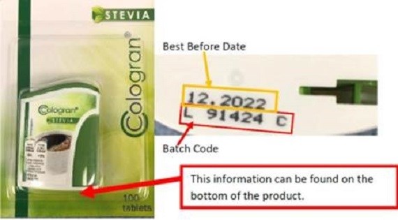 Sản phẩm Cologran Stevia bị thu hồi v&igrave; c&oacute; chứa phụ gia thực phẩm m&agrave; kh&ocirc;ng được c&ocirc;ng bố tr&ecirc;n nh&atilde;n sản phẩm. (Ảnh: VFA)&nbsp;