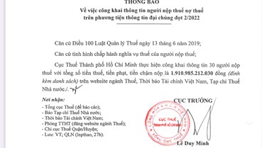 TP. Hồ Chí Minh công bố danh sách 30 doanh nghiệp nợ thuế hơn 1,9 nghìn tỷ đồng