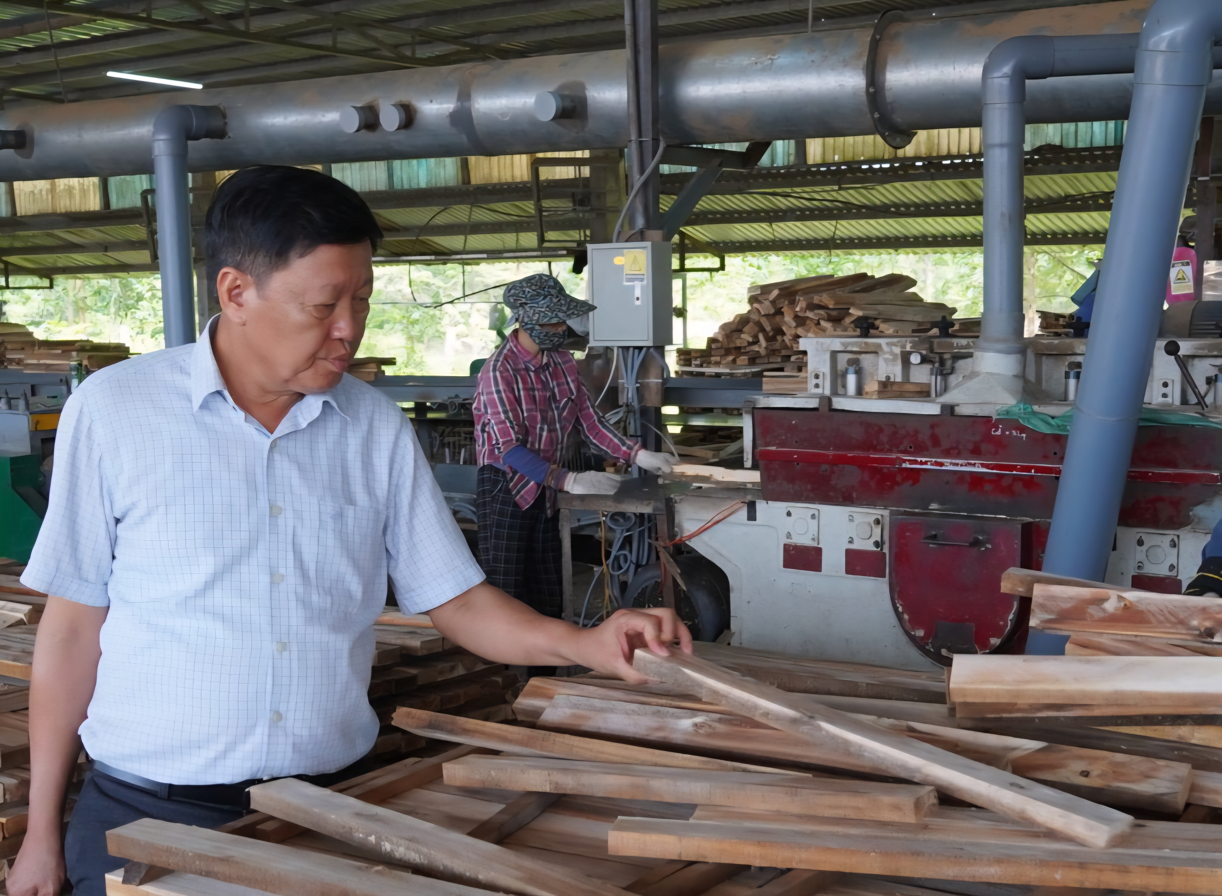 &Ocirc;ng Đặng Thơ - Gi&aacute;m đốc C&ocirc;ng ty TNHH MTV Mạnh Triều; quản l&yacute; 320ha rừng v&agrave; cao su; nh&agrave; m&aacute;y chế biến gỗ doanh thu 20 tỷ đồng/năm; tạo việc l&agrave;m cho 150 lao động. (Ảnh: DN)
