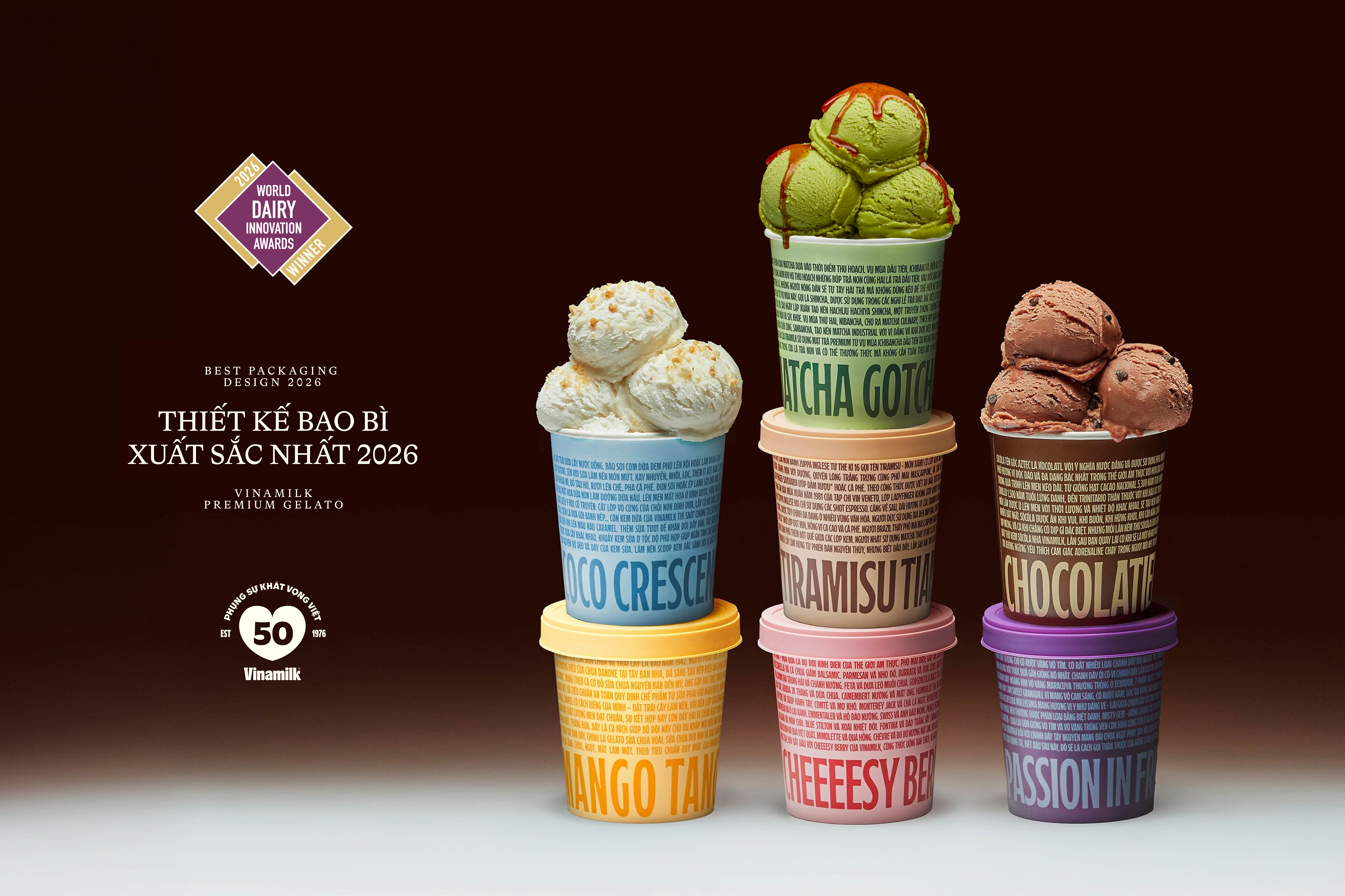Quyết định t&aacute;o bạo đi ngược lối m&ograve;n trong thiết kế của ng&agrave;nh h&agrave;ng, đ&atilde; gi&uacute;p d&ograve;ng kem Gelato của Vinamilk mang về giải Thiết kế bao b&igrave; xuất sắc nhất (Ảnh: VN).