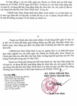 Thanh tra Chính phủ thông báo Kết luận thanh tra tại tỉnh Thừa Thiên-Huế, giai đoạn 2014-2018
