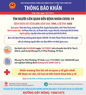 Thừa Thiên-Huế: Thông báo khẩn tìm người liên quan đến bệnh nhân COVID-19 