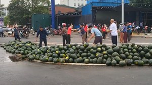 Nghệ An: Giải cứu hàng tấn dưa hấu giúp tài xế xe tải gặp nạn