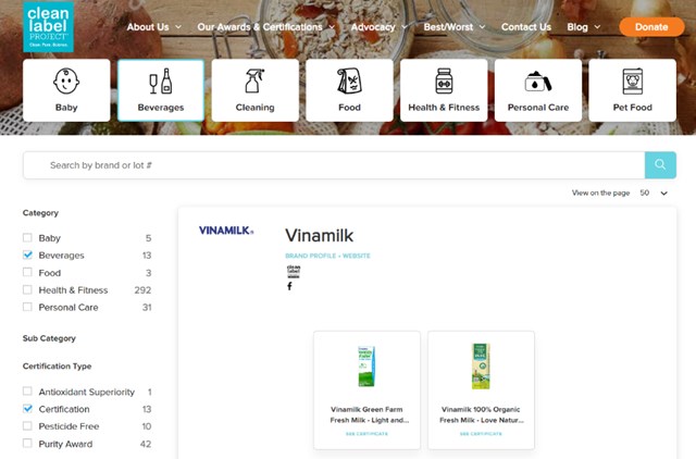 Vinamilk Green Farm & Vinamilk 100% Organic là hai sản phẩm sữa tươi đầu tiên trên thế giới đạt được chứng nhận của tổ chức Clean Label Project từ Mỹ.