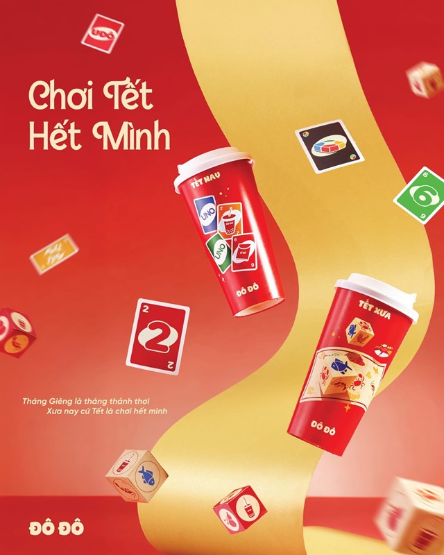 Thay v&igrave; chỉ sử dụng họa tiết trang tr&iacute; truyền thống, Tr&agrave; sữa Đ&ocirc; Đ&ocirc; chọn h&igrave;nh ảnh tr&ograve; chơi ng&agrave;y Tết để tạo n&ecirc;n bộ ly mang t&iacute;nh kết nối v&agrave; gợi k&yacute; ức (Ảnh: Tr&agrave; sữa Đ&ocirc; Đ&ocirc;) &nbsp;