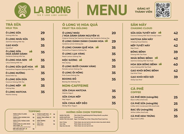 Menu LaBoong còn tinh tế thiết kế một mục riêng giúp thực khách dễ dàng lựa chọn topping theo sở thích.