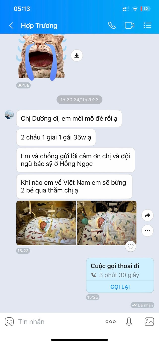 Chị Hợp Trương vui mừng nhắn tin chia sẻ niềm vui với b&aacute;c sĩ Th&ugrave;y Dương - người trực tiếp điều trị cho chị khi về Việt Nam l&agrave;m IVF &nbsp;