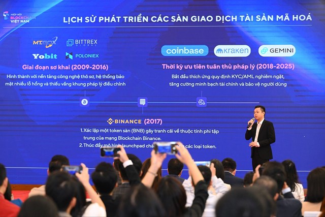 &Ocirc;ng Trần Huyền Dinh, Chủ nhiệm Uỷ ban Ứng dụng Fintech, VBA chia sẻ về lịch sử của c&aacute;c s&agrave;n giao dịch t&agrave;i sản m&atilde; h&oacute;a tại sự kiện &nbsp;