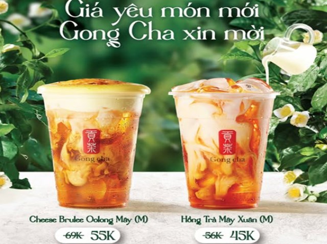 Từ 7–13/4/2025, Hồng Trà Mây Xuân có giá 45.000 đồng tại cửa hàng (47.000 đồng qua ứng dụng), Cheese Brulee Oolong Mây giá 55.000 đồng tại cửa hàng (57.000 đồng qua ứng dụng).
