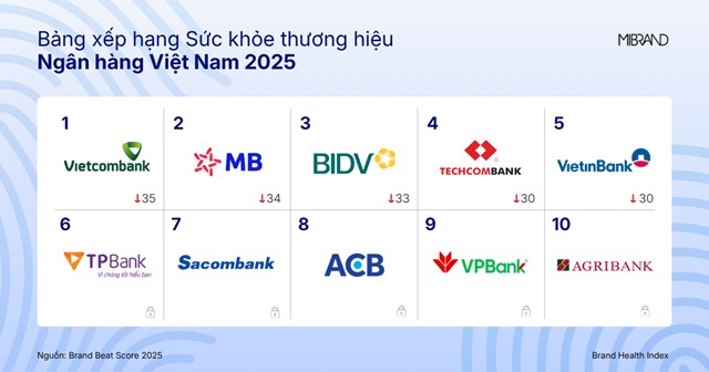 Bảng xếp hạng c&aacute;c ng&acirc;n h&agrave;ng c&oacute; sức khoẻ thương hiệu tốt nhất năm 2025 - Nguồn: Mibrand