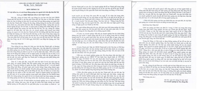 Nhiều đại diện hội vi&ecirc;n, doanh nghiệp Quảng c&aacute;o tr&ecirc;n địa b&agrave;n Thủ đ&ocirc; c&oacute; đơn thỉnh cầu gửi Hiệp hội Quảng c&aacute;o Việt Nam kiến nghị l&ecirc;n UBND Th&agrave;nh phố H&agrave; Nội để c&oacute; những giải ph&aacute;p th&aacute;o gỡ kh&oacute; khăn, vướng mắc m&agrave; doanh nghiệp gặp phải.