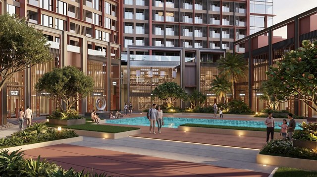 Bể bơi phong c&aacute;ch resort ngay dưới ch&acirc;n t&ograve;a th&aacute;p, mang đến đặc quyền sống thăng hoa cho cư d&acirc;n Symphony 5. Ảnh: &Aacute;nh Dương. &nbsp;