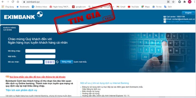 Website giả mạo trang tin của Ng&acirc;n h&agrave;ng Eximbank (Nguồn:&nbsp;Trung t&acirc;m xử l&yacute; tin giả Việt Nam) &nbsp;