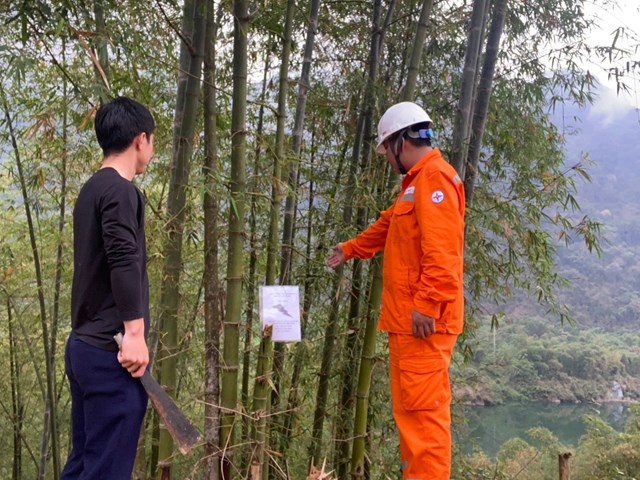 C&ocirc;ng nh&acirc;n Đi&ecirc;̣n lực trực thu&ocirc;̣c C&ocirc;ng ty Đi&ecirc;̣n lực Thanh Hóa tuy&ecirc;n truy&ecirc;̀n đ&ecirc;́n người d&acirc;n v&ecirc;̀ vi&ecirc;̣c chặt tỉa c&acirc;y tr&ocirc;̀ng nằm trong phạm vi có nguy cơ g&acirc;y m&acirc;́t an toàn hành lang lưới đi&ecirc;̣n.