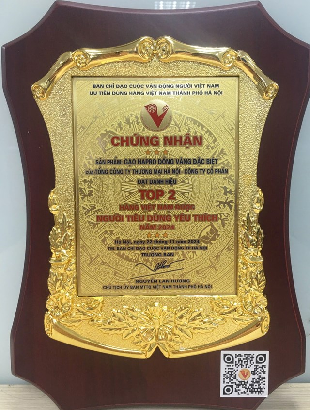 Chứng nhận sản phẩm Gạo Đồng V&agrave;ng đặc biệt của Hapro Đồng Th&aacute;p đạt TOP 2 H&agrave;ng Việt Nam được NTD y&ecirc;u th&iacute;ch năm 2024. &nbsp;