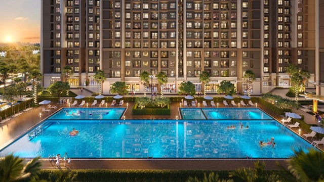 Bể bơi chuẩn phong c&aacute;ch resort được thiết kế ngay dưới ch&acirc;n t&ograve;a nh&agrave; &nbsp;