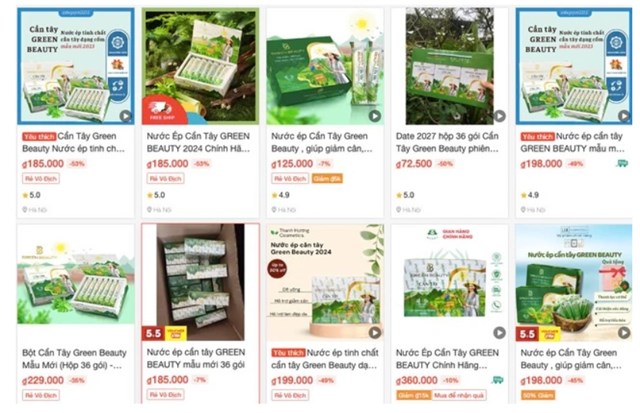 Sản phẩm Green Beauty giả mạo thương hiệu của Vinanutrifood bán giá rẻ trên sàn Shopee. Ảnh nguồn internet