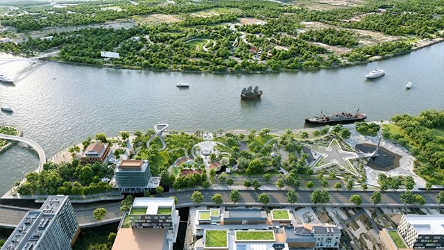Phối cảnh dự &aacute;n C&ocirc;ng vi&ecirc;n văn ho&aacute; Bến Nh&agrave; Rồng - Kh&aacute;nh Hội, gồm nguy&ecirc;n mẫu t&agrave;u Amiral Latouche-Tr&eacute;ville nh&igrave;n từ tr&ecirc;n cao &nbsp;
