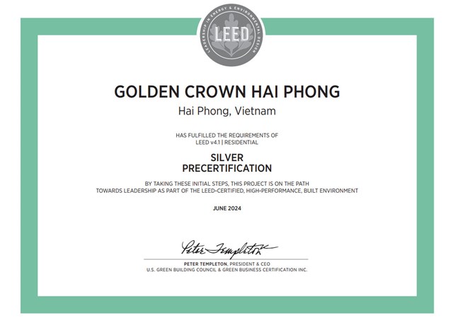 Golden Crown Hai Phong l&agrave; c&ocirc;ng tr&igrave;nh thứ 2 của DOJILAND được cấp chứng nhận C&ocirc;ng tr&igrave;nh Xanh LEED Residential 4.1