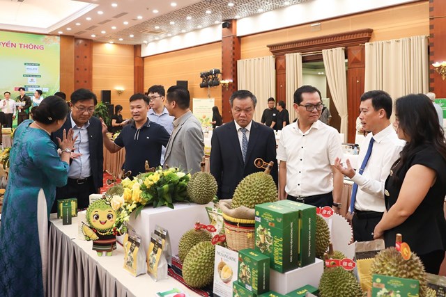 Đại biểu, kh&aacute;ch mời tham quan khu vực trưng b&agrave;y sản phẩm Sầu ri&ecirc;ng của tỉnh Đắk Lắk &nbsp;