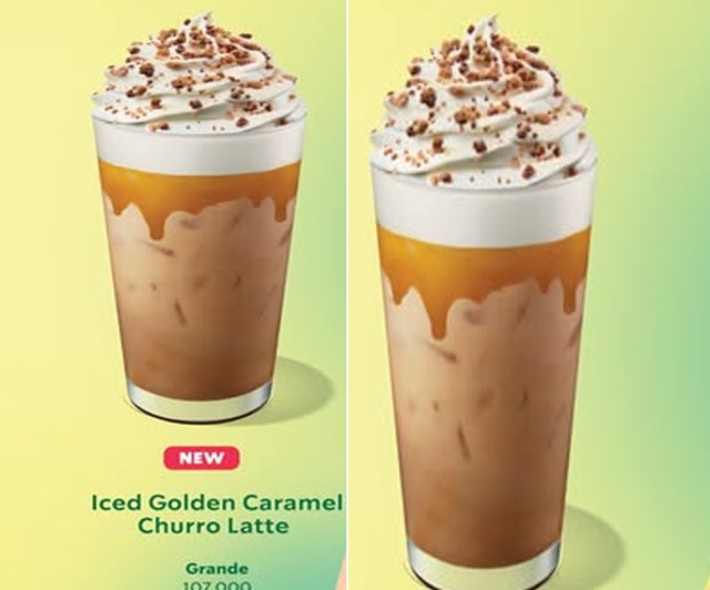 Golden Caramel Churro Latte, dù là nóng hay dùng với đá, vẫn giữ trọn hậu vị caramel ngọt ngào cùng hương cà phê đậm chất quyến rũ.