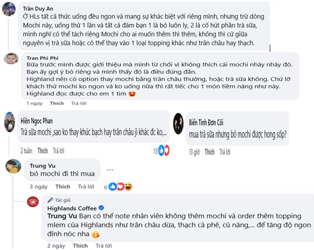 Trước đề xuất đổi topping từ khách, Highlands phản hồi linh hoạt và thiện chí, sẵn sàng chiều theo khẩu vị riêng.