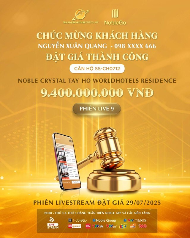 Kh&aacute;ch h&agrave;ng Nguyễn Xu&acirc;n Quang đ&atilde; ch&iacute;nh thức trở th&agrave;nh chủ nh&acirc;n của căn hộ S5-CH0712 với mức đặt gi&aacute; 9,4 tỷ đồng trong phi&ecirc;n livestream tối ng&agrave;y 29/7 &nbsp;