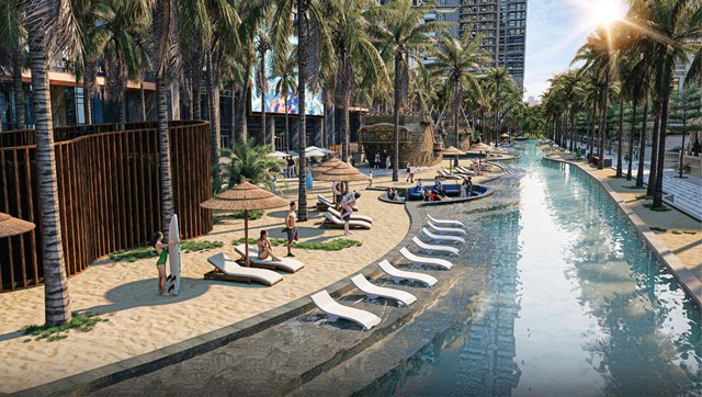 Tổ hợp giải tr&iacute; mặt đất tại Noble Crystal Tay Ho WorldHotels Residence với kh&ocirc;ng gian mặt nước k&eacute;o d&agrave;i gần 0,5 km c&ugrave;ng hơn 20 tiện &iacute;ch đa dạng &nbsp;