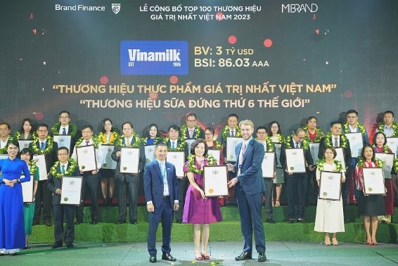 B&agrave; B&ugrave;i Thị Hương, Gi&aacute;m đốc Điều h&agrave;nh, đại diện Vinamilk đ&oacute;n nhận c&aacute;c chứng nhận từ Brand Finance - Ảnh: Mibrand &nbsp;