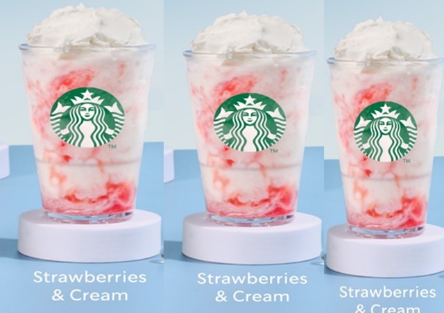 Strawberries & Cream Frappuccino là sự hòa quyện ngọt ngào của dâu tây chín mọng với sữa béo và lớp kem tươi mịn mượt, tạo nên sắc hồng rực rỡ, vừa cuốn hút vừa đáng yêu.