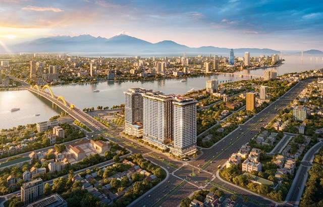 Phối cảnh The Legend Danang nh&igrave;n từ tr&ecirc;n cao, kết nối kh&ocirc;ng gian s&ocirc;ng H&agrave;n v&agrave; đ&ocirc; thị. &nbsp;