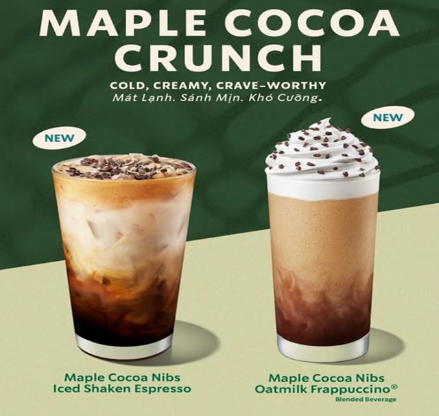 Starbucks chào thu với Maple Cocoa Crunch, bộ đôi thức uống kết hợp espresso, cacao và siro lá phong vừa quen thuộc vừa mới lạ.