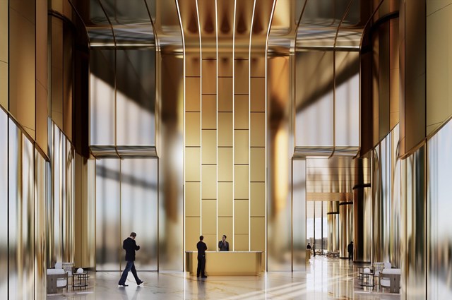 Sảnh đ&oacute;n căn hộ cao 14m, ốp đ&aacute; cao cấp mang đến kh&ocirc;ng gian bề thế, sang trọng. (Ảnh: Sun Property). &nbsp;