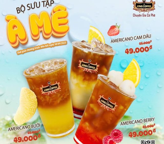 Bên cạnh hương vị, King Coffee còn khéo léo “chiều lòng” khách hàng bằng những ưu đãi đáng giá. Từ nay đến hết 30/09/2025, cả ba phiên bản Americano trái cây chỉ có giá 49.000đ cho size L.
