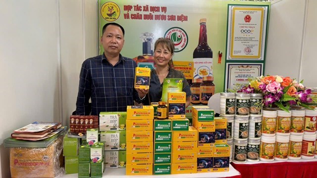 Anh Nguyễn Tiến Dũng v&agrave; th&agrave;nh vi&ecirc;n trong Hợp t&aacute;c x&atilde; Dịch vụ v&agrave; Chăn nu&ocirc;i hươu Sơn Diệm (Ảnh: Cẩm T&uacute;)