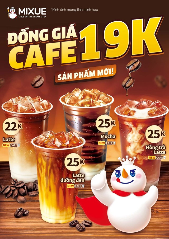 Từ ng&agrave;y 9/10 đến 31/10, MIXUE triển khai chương tr&igrave;nh ưu đ&atilde;i d&agrave;nh ri&ecirc;ng cho d&ograve;ng c&agrave; ph&ecirc;, với mức gi&aacute; đồng nhất 19.000 đồng/ly tại c&aacute;c cửa h&agrave;ng c&oacute; phục vụ c&agrave; ph&ecirc; (Ảnh: MIXUE)