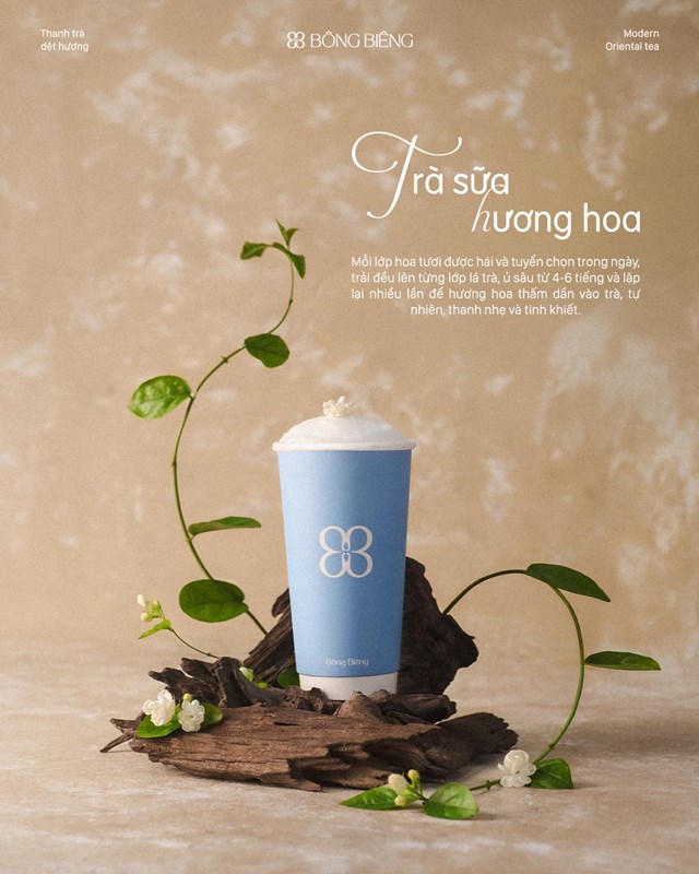 Thương hiệu đồ uống B&ocirc;ng Bi&ecirc;ng nổi bật với d&ograve;ng tr&agrave; sữa hương hoa thanh khiết, nhẹ nh&agrave;ng (Ảnh: B&ocirc;ng Bi&ecirc;ng)