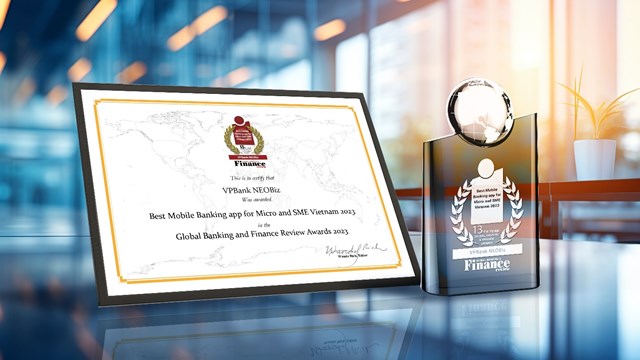 VPBank NEOBiz được Global Banking and Finance Review Awards 2023 trao tặng danh hiệu Ứng dụng ng&acirc;n h&agrave;ng tốt nhất d&agrave;nh cho doanh nghiệp vừa v&agrave; nhỏ v&agrave; doanh nghiệp si&ecirc;u nhỏ &nbsp;