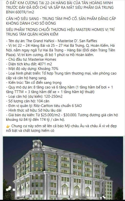 Căn hộ tại dự &aacute;n&nbsp;The Grand HaNoi - Masterise D'. San Raffles 22-24 H&agrave;ng B&agrave;i được rao b&aacute;n với mức gi&aacute; l&ecirc;n đến 174 tỷ đồng/căn.