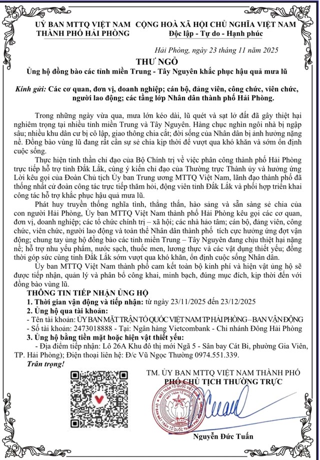 Ủy ban MTTQ Việt Nam th&agrave;nh phố Hải Ph&ograve;ng ph&aacute;t thư k&ecirc;u gọi c&aacute;c cơ quan, đơn vị, doanh nghiệp v&agrave; người d&acirc;n chung tay hỗ trợ đồng b&agrave;o miền Trung &ndash; T&acirc;y Nguy&ecirc;n khắc phục hậu quả mưa lũ