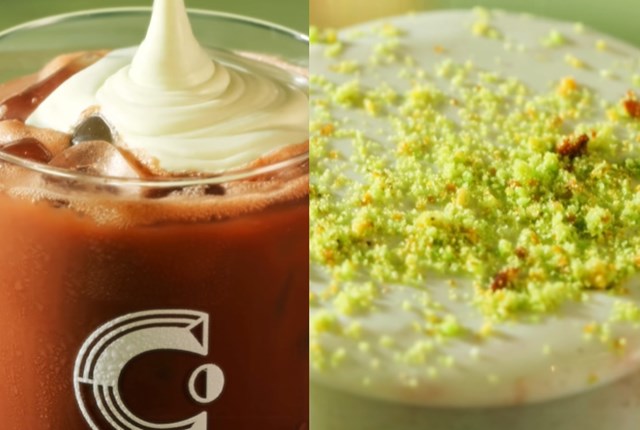 Macchiato Pistachio mịn màng, hòa cùng kem Tiramisu và vụn hạt dẻ cười giòn bùi.