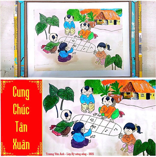 Tranh “Trò chơi Ô ăn quan” trước và sau khi được in trên bao lì xì 