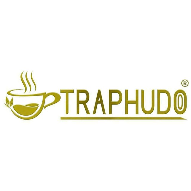 Logo, nhãn hiệu “TRAPHUDO” gồm phần chữ và phần hình, mang màu vàng ánh kim trên nền trắng.