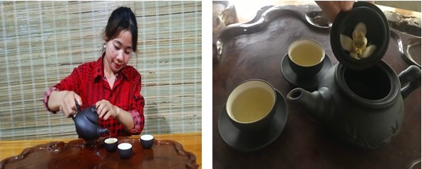 Chị Lê Thị Nhung chia sẻ cách pha trà độc đáo với hoa bưởi.