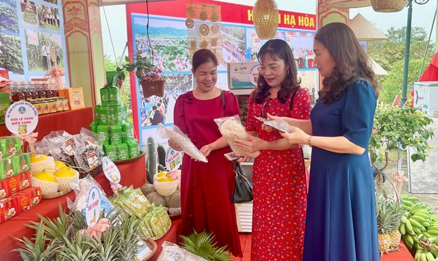 Du khách tham quan khu vực trưng bày nông sản đặc trưng, sản phẩm OCOP tại hội trại huyện Hạ Hòa.