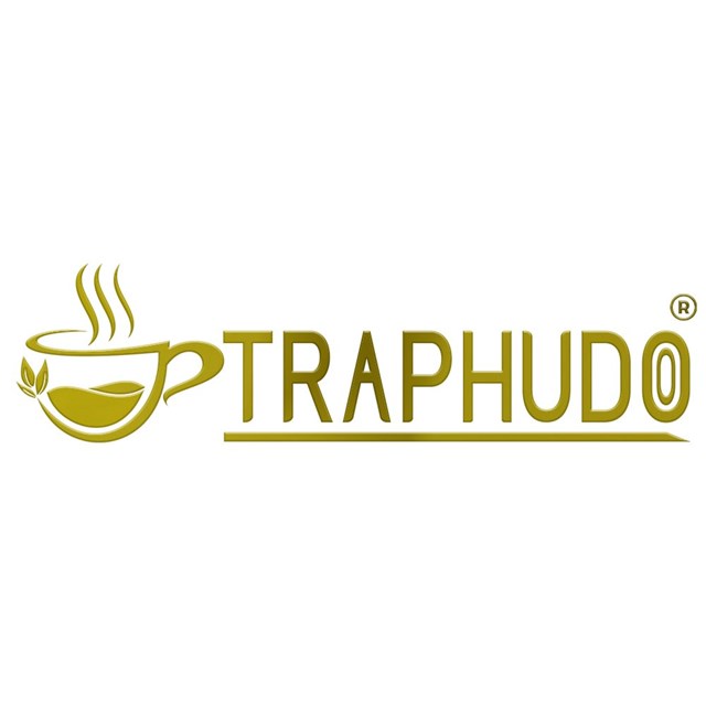 Logo, nhãn hiệu “TRAPHUDO” gồm phần chữ và phần hình, mang màu ánh kim trên nền trắng.