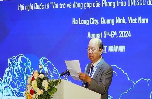 Ông Nguyễn Xuân Thắng, Ủy viên Liên hiệp các hội UNESCO Thế giới, Chủ tịch Liên hiệp các hội UNESCO Việt Nam, phát biểu khai mạc hội nghị.