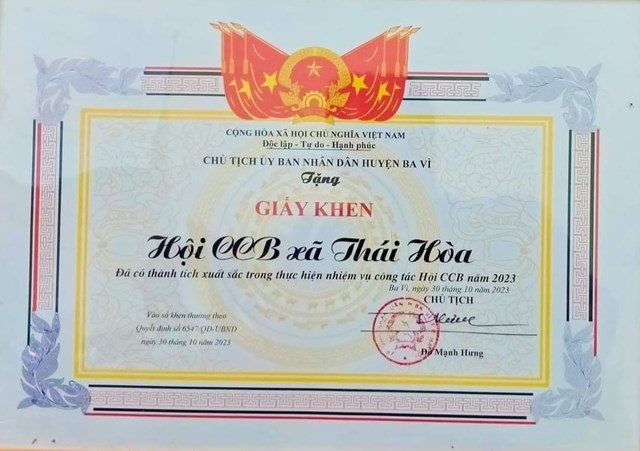 Năm 2023 Hội CCB xã Thái Hòa được Chủ tịch UBND huyện Ba Vì khen thưởng.